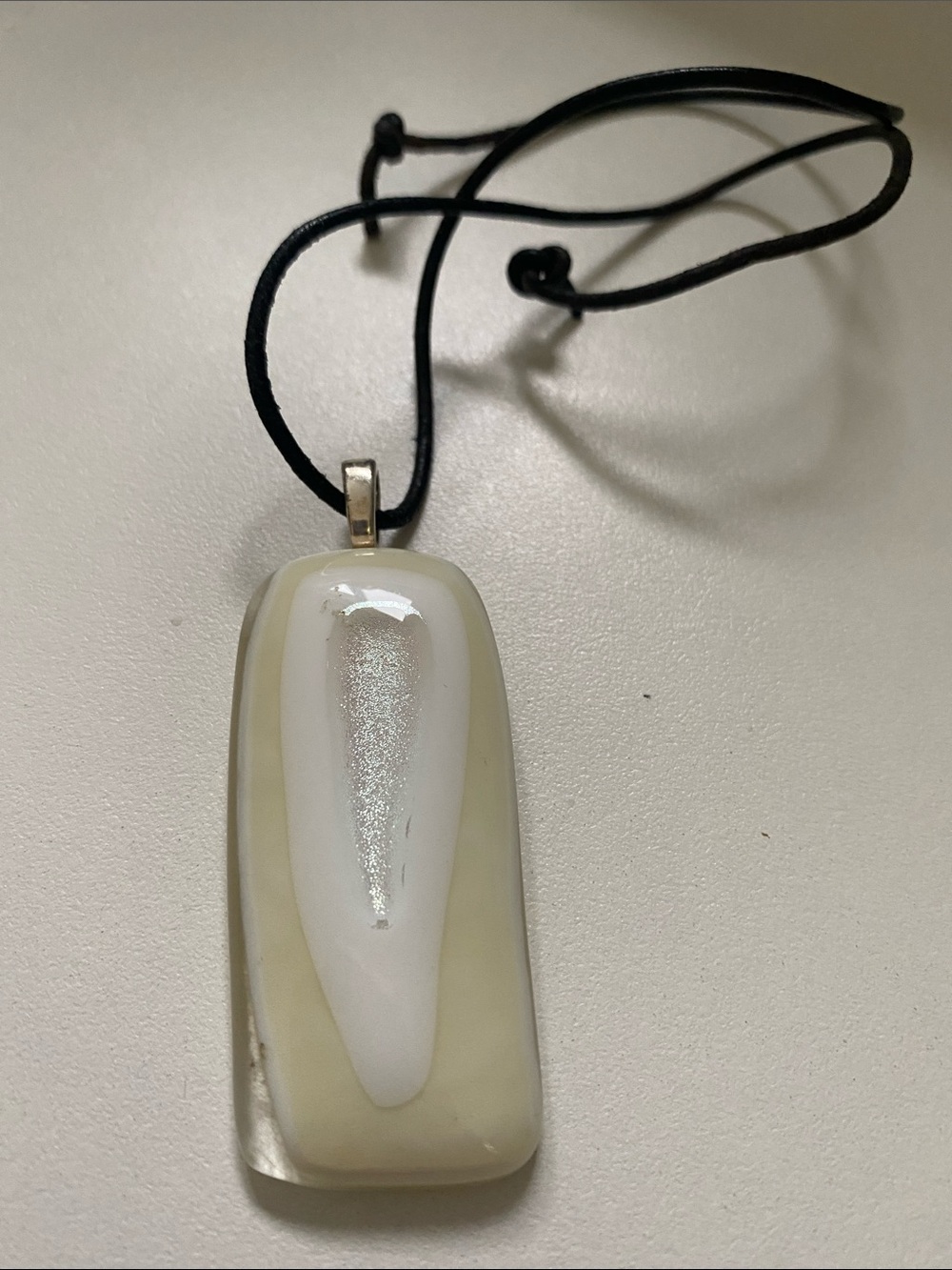 Artisan Cream and White Glass Pendant Necklace with Black Cord